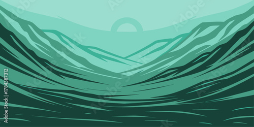 Abstract Green Mountain Valley with Sun Symbol landscape