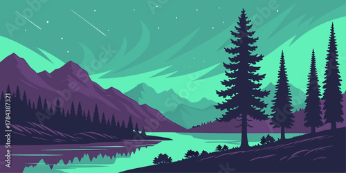 Majestic mountain landscape with aurora borealis and pine trees