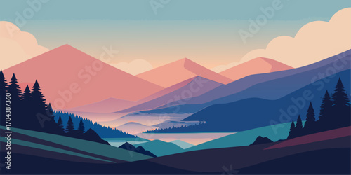 Misty Mountain Valley with Pine Trees and Clouds landscape