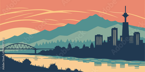 Stylized Cityscape with Mountains River and Bridge