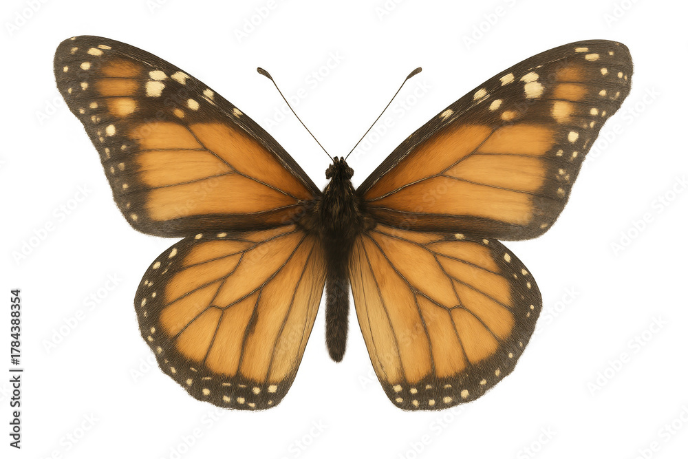 Fototapeta premium Monarch butterfly spreading wings, showing detailed orange and black patterns on a transparent background