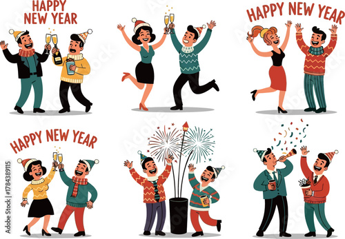 Collection of cartoon illustrations depicting people celebrating New Year's Eve with champagne, fireworks, and dancing.