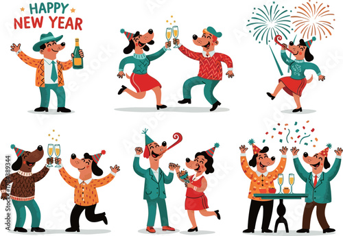 Cartoon dogs celebrating New Year's Eve with champagne, fireworks, and confetti.