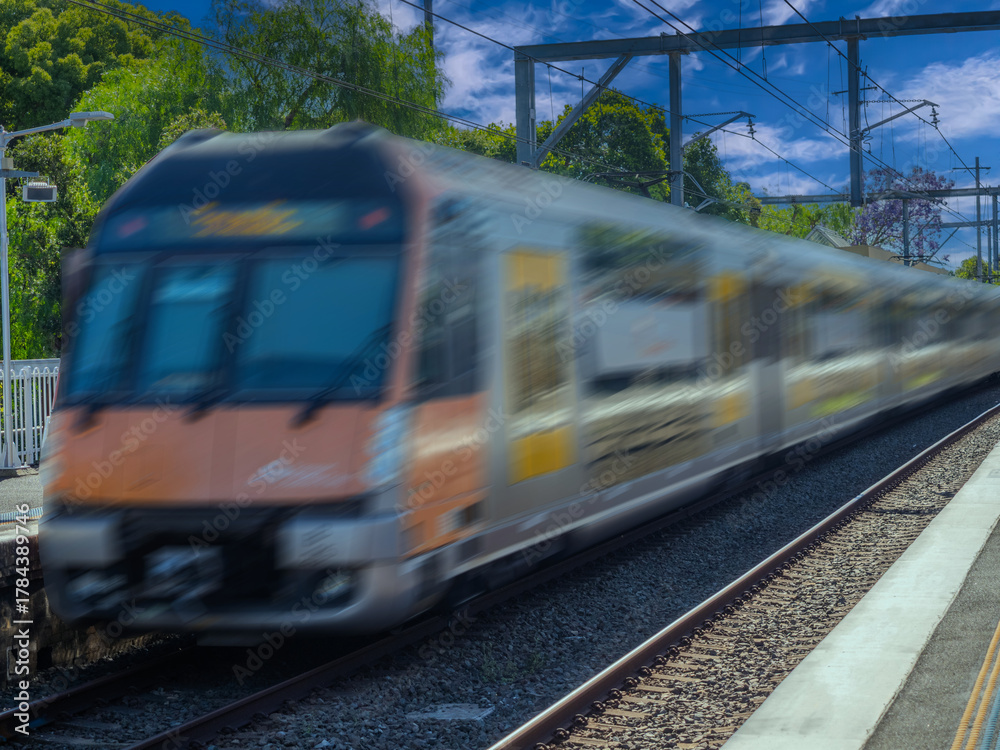 Fototapeta premium Passenger Train going through Summer Hill train station a suburban Sydney train Station NSW Australia
