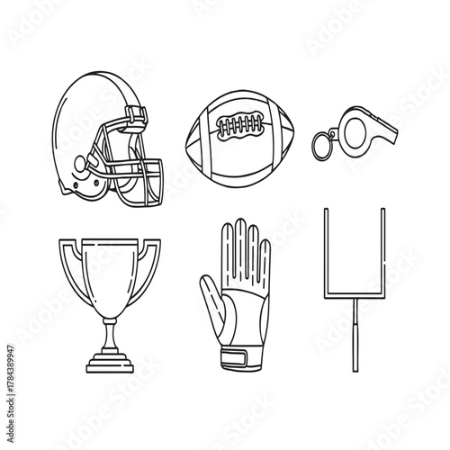 American Football Equipment Line Art Icon Set - Helmet, Ball, Trophy, Whistle, Goal Post
