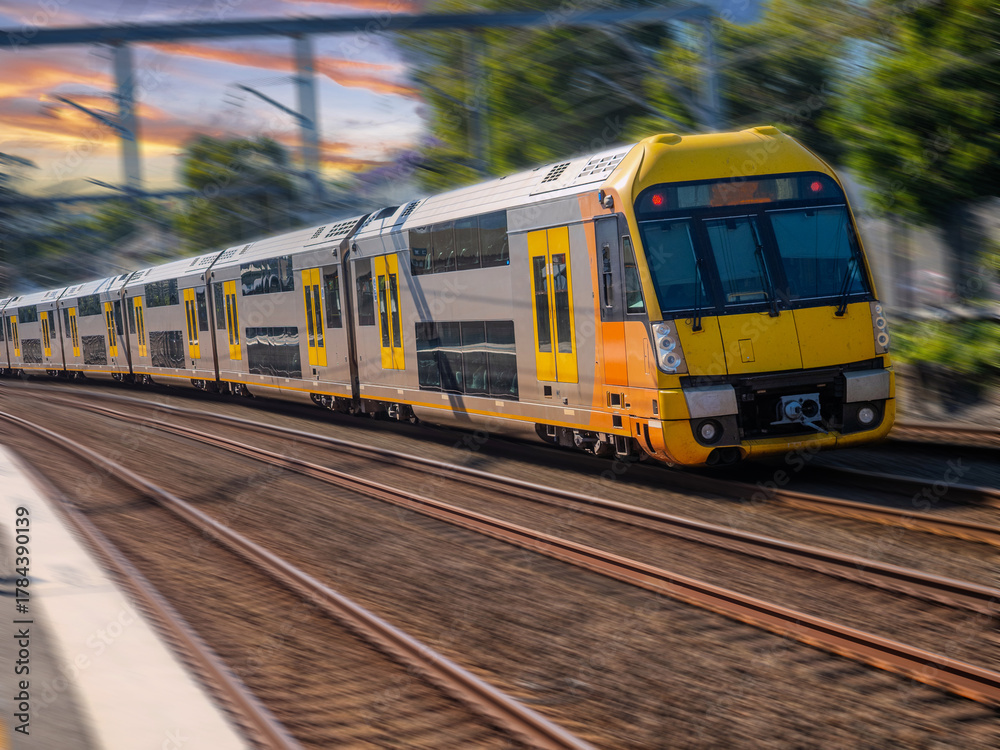 Fototapeta premium Passenger Train going through Summer Hill train station a suburban Sydney train Station NSW Australia
