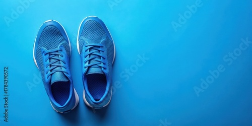 Blue athletic shoes viewed from above on a vibrant blue background