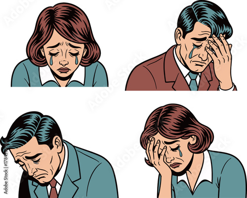 Pop art style illustration of four distressed people, two men and two women, crying with tears streaming down their faces, expressing deep sadness and despair.