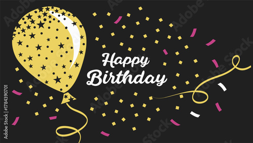 Happy Birthday vector design featuring a 3D realistic golden air balloon on black backdrop. Festive glitter confetti shower, glowing bokeh sparkles, stylish celebratory text layout, rich metallic gold