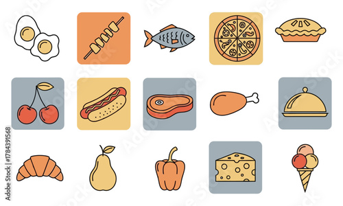 Diverse food outline icons featuring various meals, fruits, and desserts