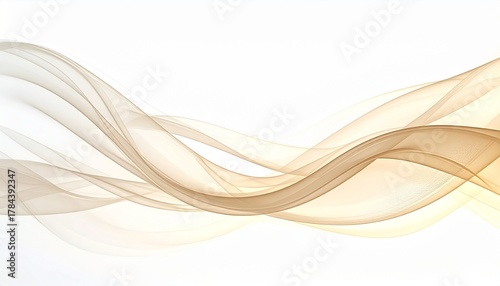 Abstract flowing golden wave lines on white background, elegant smooth curve design element, dynamic light brown smoke effect, modern graphic art for banner, brochure, or presentation.