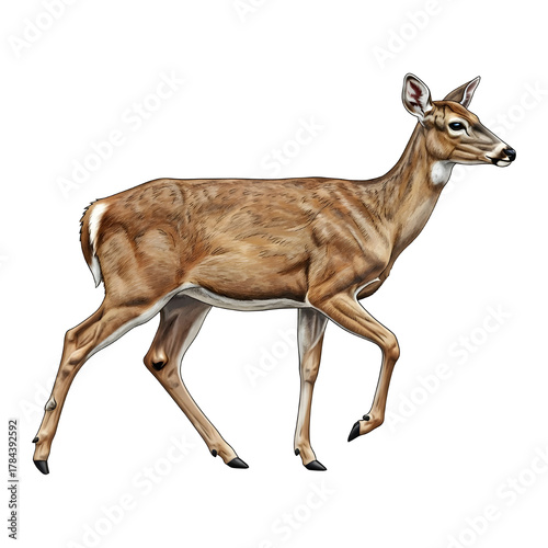 Digital Illustration of a White Tailed Deer Doe Walking Isolated on White Background