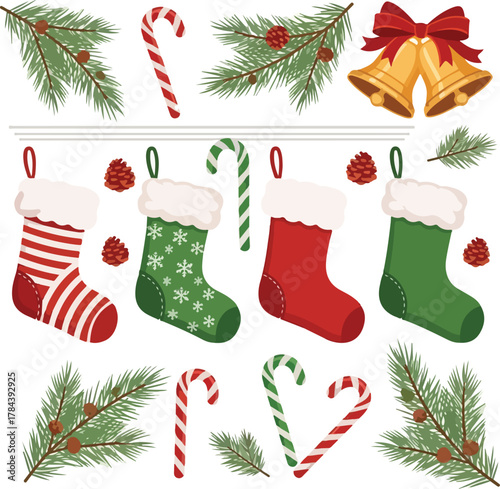 A Christmas clipart set featuring hanging stockings, candy canes, pine branches, and bells on a white background with a festive holiday theme.