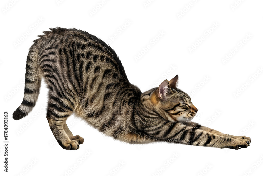 Fototapeta premium Cute Striped Bengal Cat Kitten Stretching Isolated White Background
