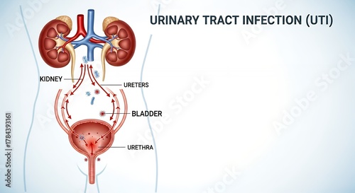 Medical Illustration of Urinary Tract Infection in Human Kidneys Bladder and Ureters