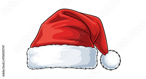 Illustration of a Santa Claus hat with a red crown and white fur trim and pom-pom.