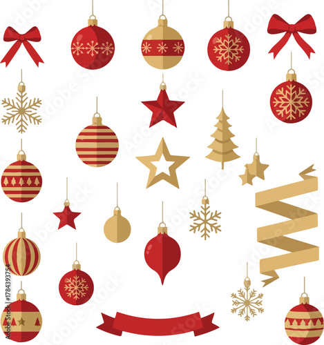 A colorful Christmas clipart set featuring red and gold ornaments, snowflakes, stars, and ribbons on a white background with a festive holiday theme.
