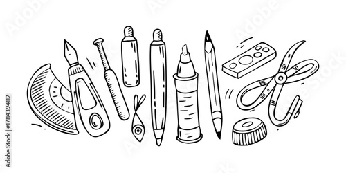 Doodle stationery pencils pens scissors eraser on white background