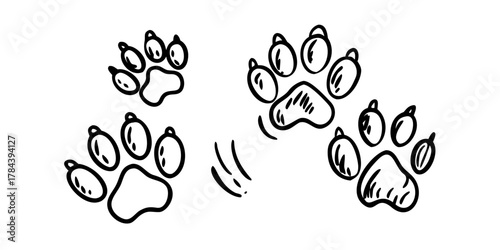 Doodle Style Animal Paw Prints and Footprints on White Background