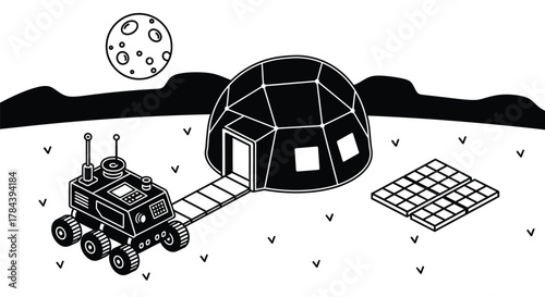 Moon base illustration space exploration lunar habitat rover panels