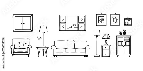 Minimalist line drawing of a dresser with items on top