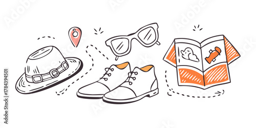 Travel essentials doodles on a white background sunglasses