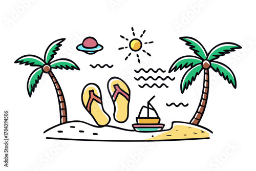 Tropical beach scene with palm trees and flip flops