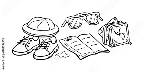 Travel Essentials Sunglasses Hat Map Doodle vacation