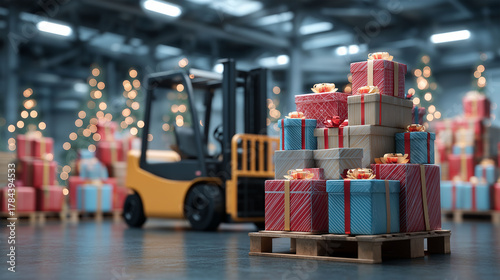 Holiday Delivery: Festive presents stacked on a pallet, ready for shipment in a bustling warehouse, showcasing the essence of holiday logistics.