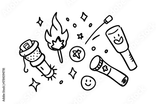 Campfire with marshmallows and flashlight doodle camping