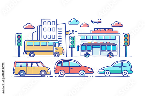 Cartoon city scene with vehicles and buildings urban
