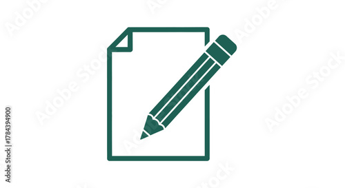 Green Outline Icon of a Document and Pencil for Writing.