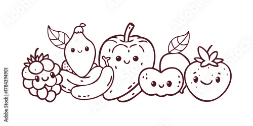 Cute cartoon fruits and vegetables with happy faces