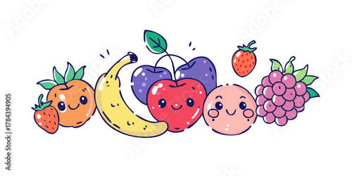 Cute cartoon fruits with happy faces on white background