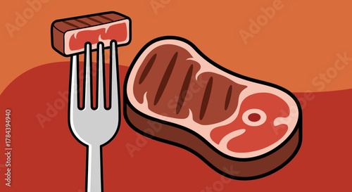 Grilled Steak and Fork with Meat Piece.