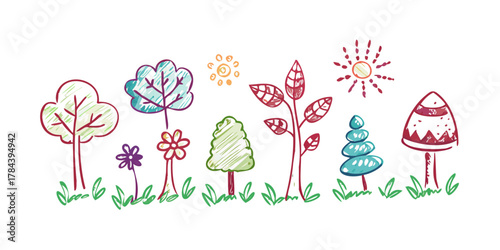 Cute doodle style trees flowers leaves and mushrooms 1