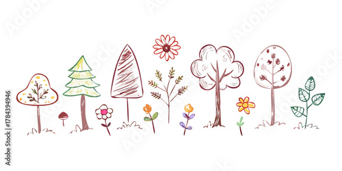 Cute doodle style trees flowers leaves and mushrooms