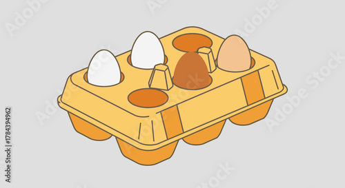 Half-Dozen Egg Carton with White and Brown Eggs.