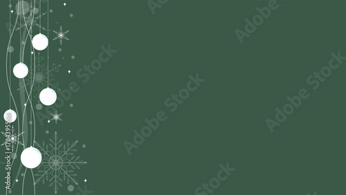 Green Wallpaper Background With Sparkling White Snowflakes And Christmas Ball Decorations