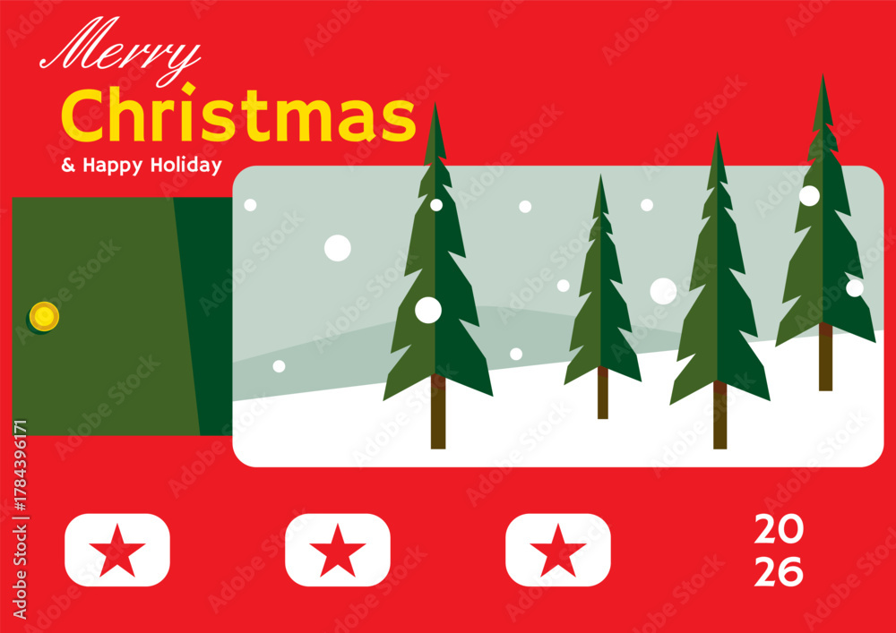 Naklejka premium Flat Christmas card design with pine trees and snowfall for festive greeting layout
