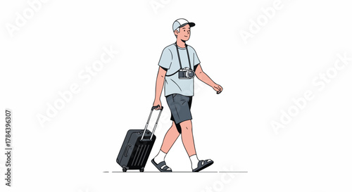 Tourist Man Walking with Suitcase Illustration