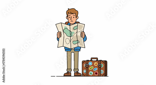Lost Traveler with Suitcase Reading a Map