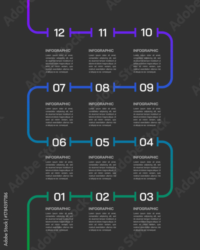 Modern Business Vertical Timeline Infographic Template with 12 Steps on Dark Background. Vector illustration.
