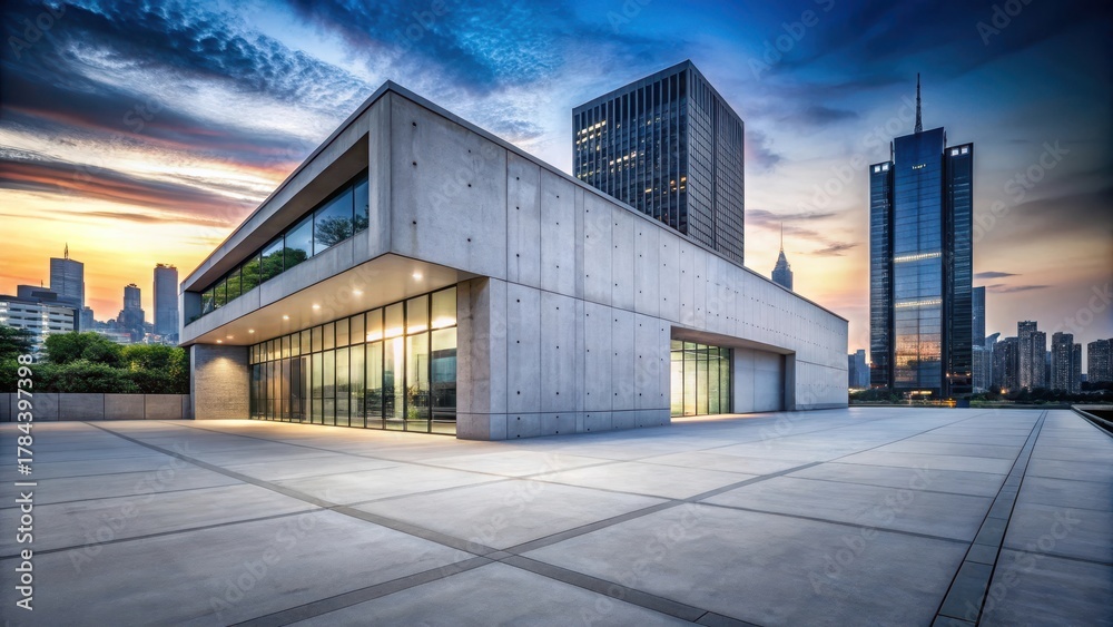 Obraz premium Modern concrete building at dusk with a cityscape in the background