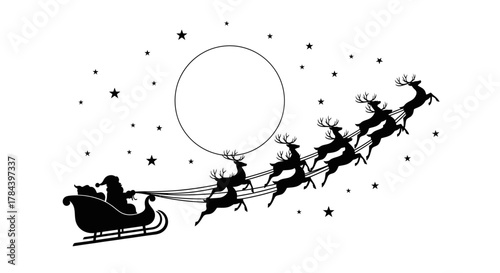 Santa Claus in sleigh with reindeer flying in the night sky with moon and stars.