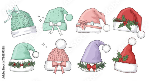 A collection of eight festive Santa hats in various pastel colors, each adorned with unique embellishments like bows, holly, and pom-poms.