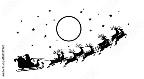 Santa Claus in sleigh pulled by reindeer flying in the night sky with moon and stars.