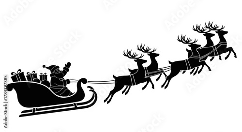 Silhouette of Santa Claus in a sleigh pulled by reindeer, carrying gifts.