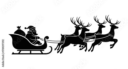 Silhouette of Santa Claus in a sleigh pulled by reindeer, a festive Christmas image.