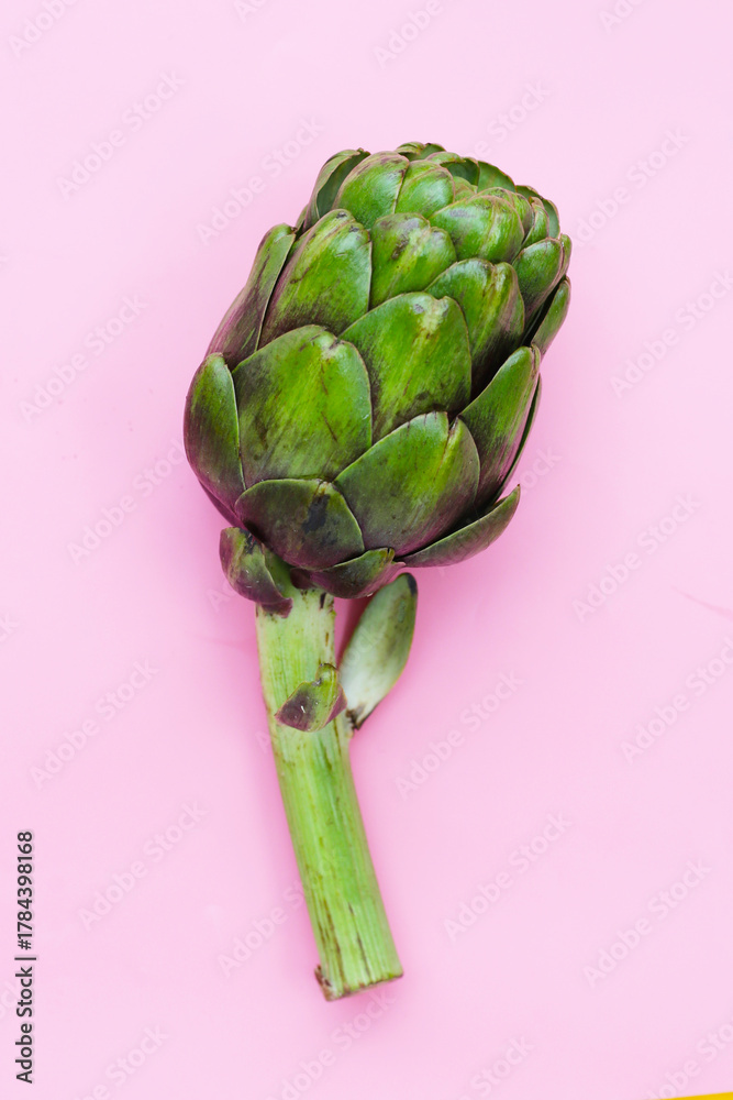 Fototapeta premium Purple artichoke on pink background.